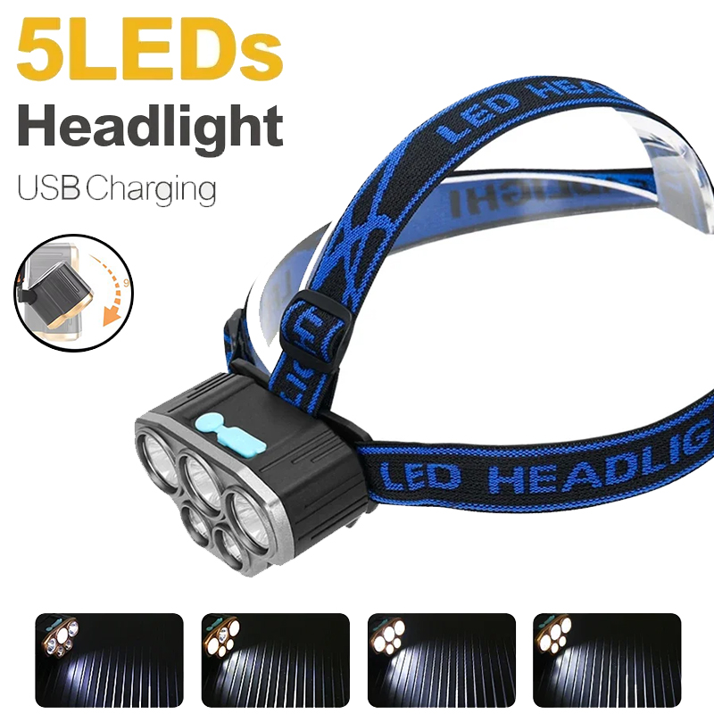 Headlamp Waterproof Rechargeable - 充電式 5 LED ヘッドライト超高輝度強力防水ヘッド懐中電灯ヘッドトーチ屋外キャンプランニング照明用