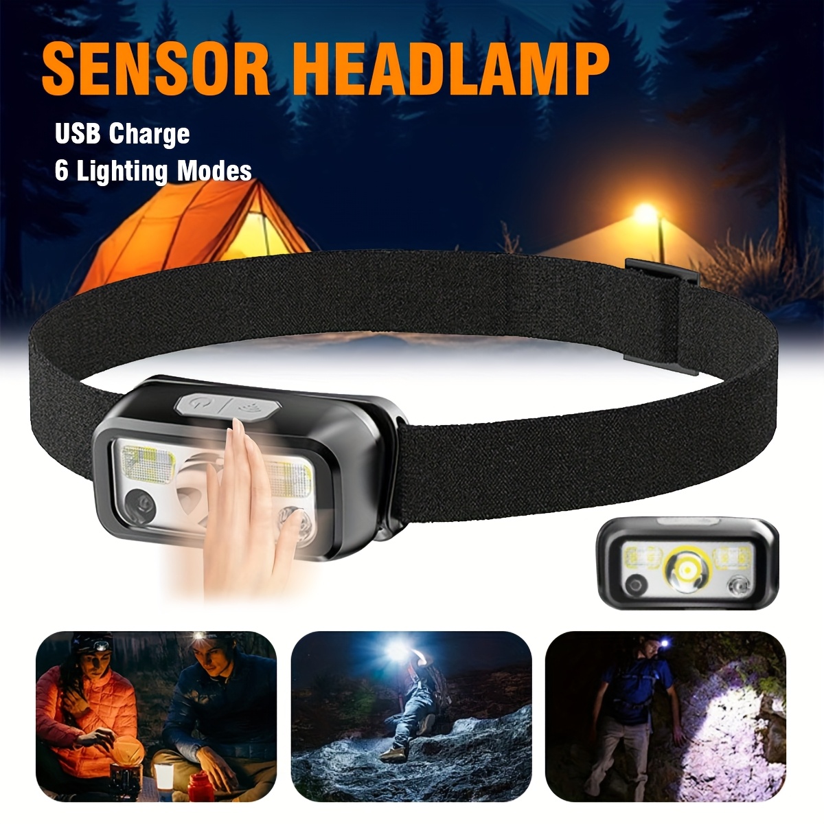 Headlamp Waterproof Rechargeable - 強力な COB LED センサーヘッドランプ USB 充電式ヘッドライト内蔵バッテリー付き